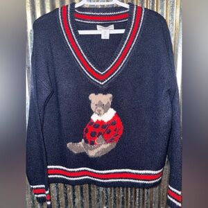 cupcakes & cashmere Navy V-Neck Sweater with Bear Design